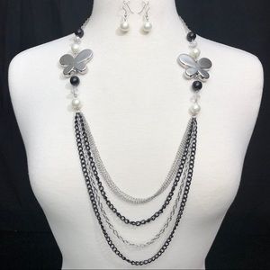 Long Layered Chain Butterfly Necklace Earrings Set